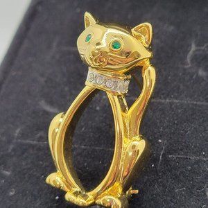 Vtg Brooch Pin Gold Tone Kitty Cat Green & Clear Stones Marked Barbara Mandrell